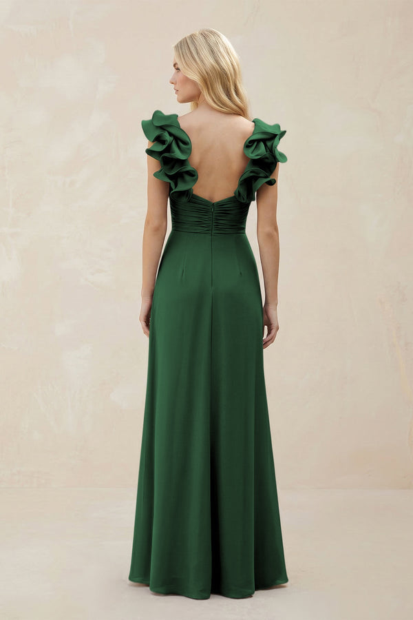 Ruffled Sleeves A - Line Chiffon Sweetheart Bridesmaid Dress in Dark Green - KissProm Bridesmaid Dresses