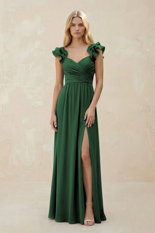 Ruffled Sleeves A - Line Chiffon Sweetheart Bridesmaid Dress in Dark Green - KissProm Bridesmaid Dresses