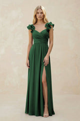 Ruffled Sleeves A - Line Chiffon Sweetheart Bridesmaid Dress in Dark Green - KissProm Bridesmaid Dresses