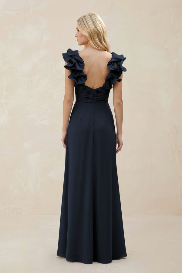 Ruffled Sleeves A - Line Chiffon Sweetheart Bridesmaid Dress in Dark Navy - KissProm Bridesmaid Dresses