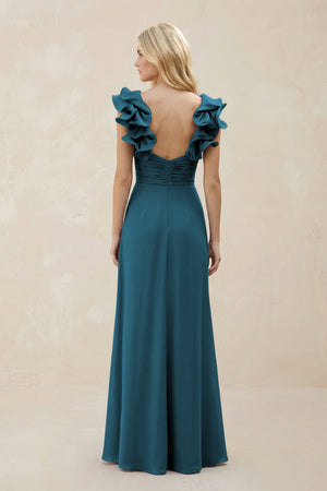 Ruffled Sleeves A - Line Chiffon Sweetheart Bridesmaid Dress in Dark Teal - KissProm Bridesmaid Dresses
