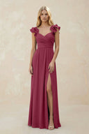 Ruffled Sleeves A - Line Chiffon Sweetheart Bridesmaid Dress in Desert Rose - KissProm Bridesmaid Dresses