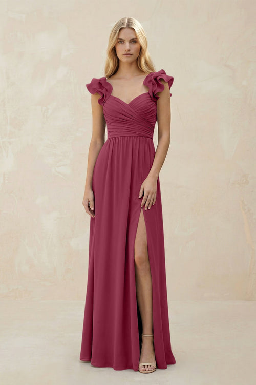 Ruffled Sleeves A - Line Chiffon Sweetheart Bridesmaid Dress in Desert Rose - KissProm Bridesmaid Dresses