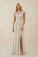 Ruffled Sleeves A - Line Chiffon Sweetheart Bridesmaid Dress in Dove Gray - KissProm Bridesmaid Dresses