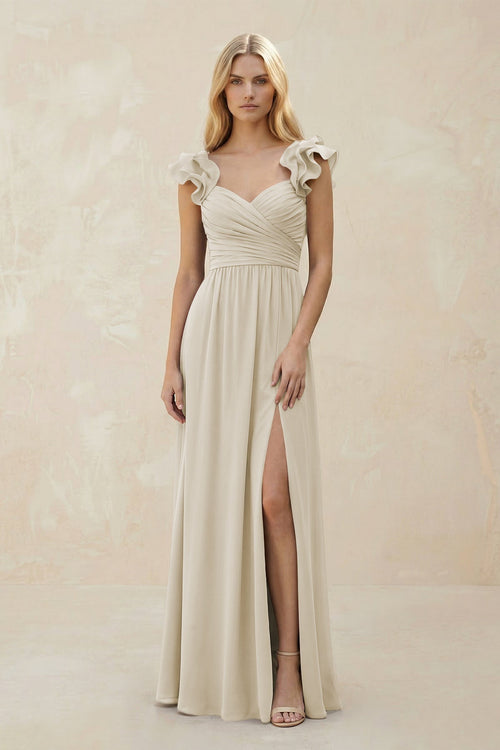 Ruffled Sleeves A - Line Chiffon Sweetheart Bridesmaid Dress in Dove Gray - KissProm Bridesmaid Dresses