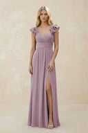 Ruffled Sleeves A - Line Chiffon Sweetheart Bridesmaid Dress in Dusk - KissProm Bridesmaid Dresses