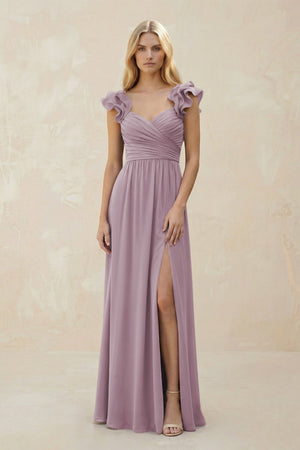 Ruffled Sleeves A - Line Chiffon Sweetheart Bridesmaid Dress in Dusk - KissProm Bridesmaid Dresses