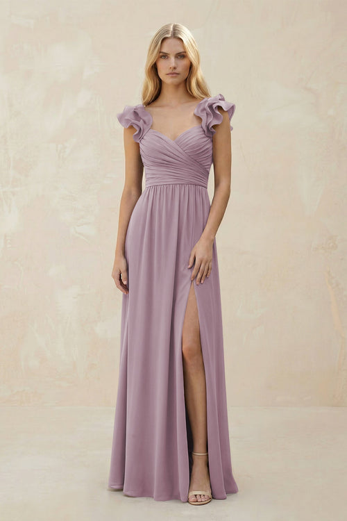 Ruffled Sleeves A - Line Chiffon Sweetheart Bridesmaid Dress in Dusk - KissProm Bridesmaid Dresses