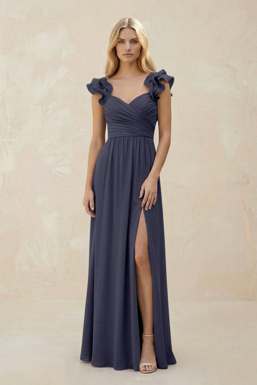 Ruffled Sleeves A - Line Chiffon Sweetheart Bridesmaid Dress in Dusk Blue - KissProm Bridesmaid Dresses