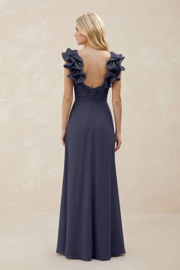 Ruffled Sleeves A - Line Chiffon Sweetheart Bridesmaid Dress in Dusk Blue - KissProm Bridesmaid Dresses