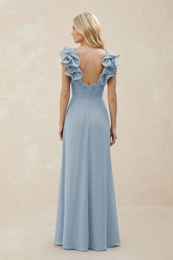 Ruffled Sleeves A - Line Chiffon Sweetheart Bridesmaid Dress in Dusty Blue - KissProm Bridesmaid Dresses