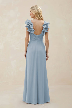 Ruffled Sleeves A - Line Chiffon Sweetheart Bridesmaid Dress in Dusty Blue - KissProm Bridesmaid Dresses