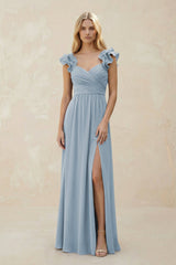 Ruffled Sleeves A - Line Chiffon Sweetheart Bridesmaid Dress in Dusty Blue - KissProm Bridesmaid Dresses