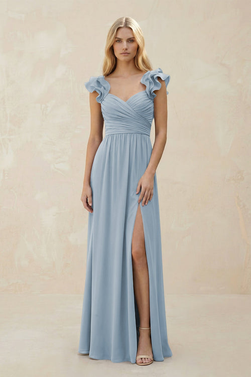 Ruffled Sleeves A - Line Chiffon Sweetheart Bridesmaid Dress in Dusty Blue - KissProm Bridesmaid Dresses