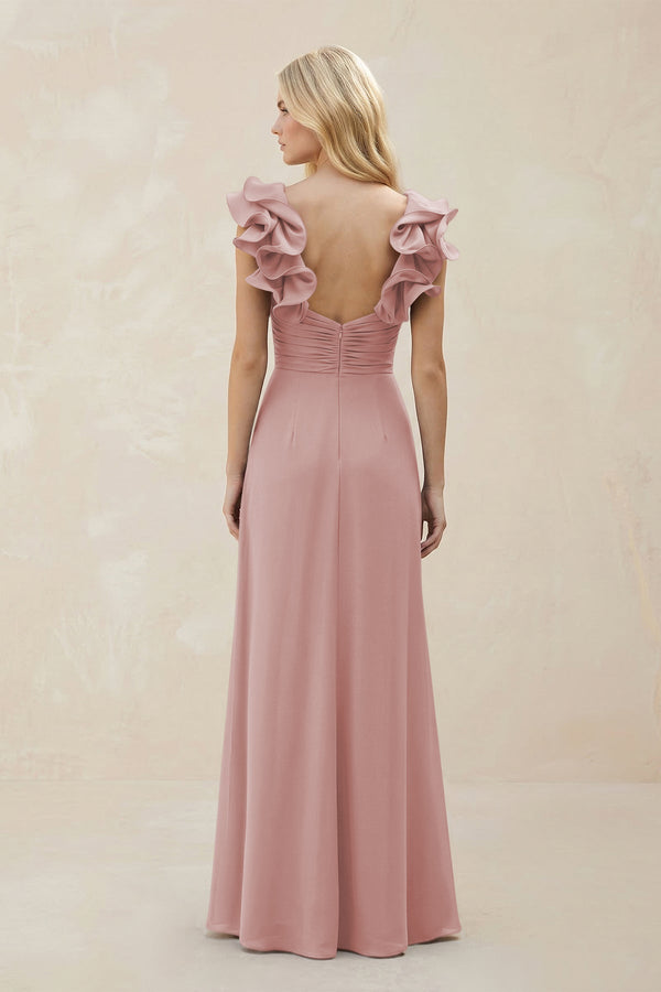 Ruffled Sleeves A - Line Chiffon Sweetheart Bridesmaid Dress in Dusty Rose - KissProm Bridesmaid Dresses