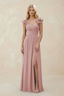 Ruffled Sleeves A - Line Chiffon Sweetheart Bridesmaid Dress in Dusty Rose - KissProm Bridesmaid Dresses
