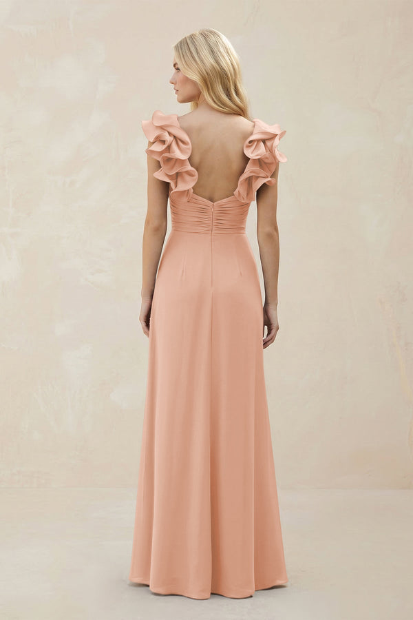 Ruffled Sleeves A - Line Chiffon Sweetheart Bridesmaid Dress in English Rose - KissProm Bridesmaid Dresses