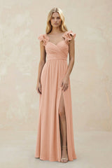 Ruffled Sleeves A - Line Chiffon Sweetheart Bridesmaid Dress in English Rose - KissProm Bridesmaid Dresses