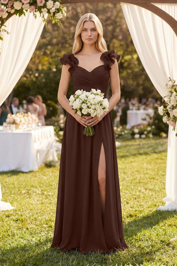 Ruffled Sleeves A - Line Chiffon Sweetheart Bridesmaid Dress in Espresso - KissProm Bridesmaid Dresses