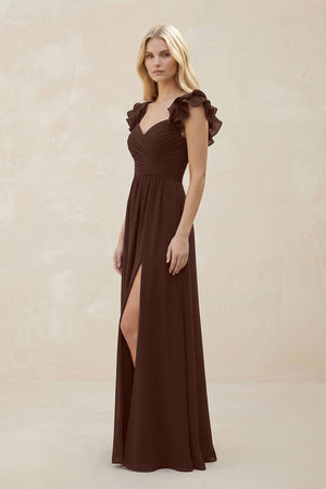 Ruffled Sleeves A - Line Chiffon Sweetheart Bridesmaid Dress in Espresso - KissProm Bridesmaid Dresses