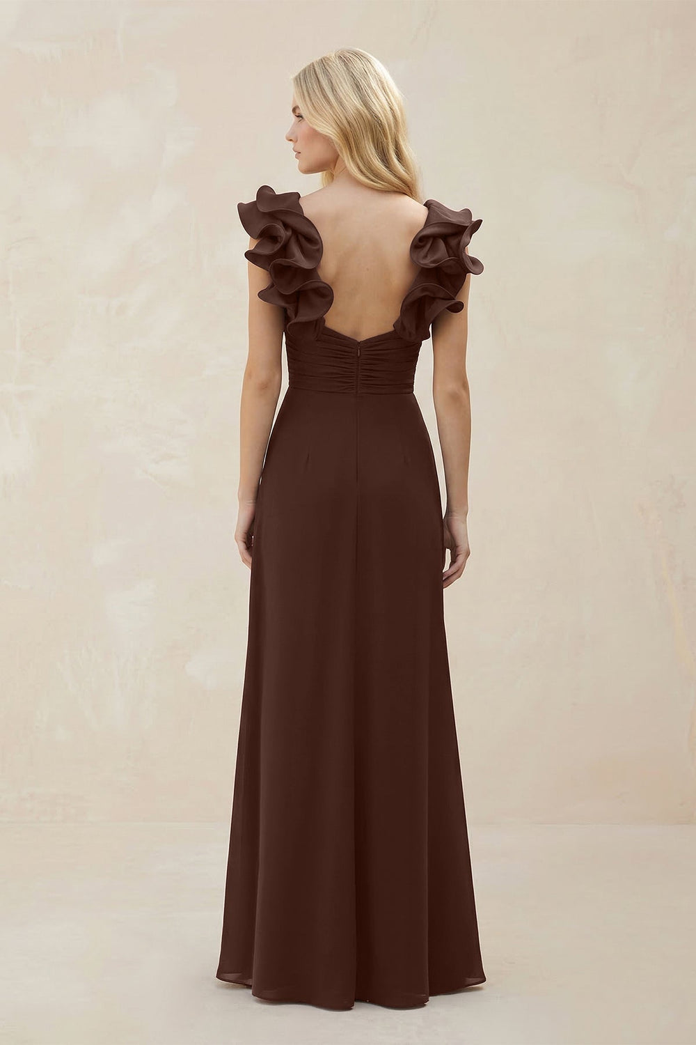 Ruffled Sleeves A - Line Chiffon Sweetheart Bridesmaid Dress in Espresso - KissProm Bridesmaid Dresses