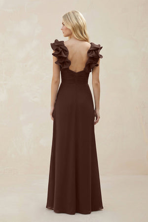 Ruffled Sleeves A - Line Chiffon Sweetheart Bridesmaid Dress in Espresso - KissProm Bridesmaid Dresses