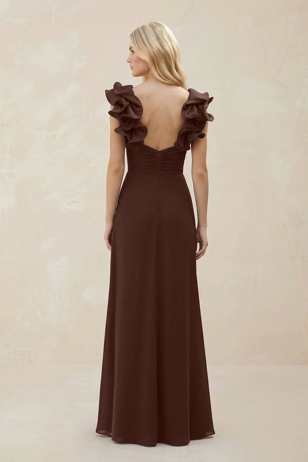 Ruffled Sleeves A - Line Chiffon Sweetheart Bridesmaid Dress in Espresso - KissProm Bridesmaid Dresses