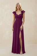 Ruffled Sleeves A - Line Chiffon Sweetheart Bridesmaid Dress in Fig - KissProm Bridesmaid Dresses