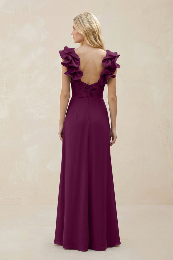 Ruffled Sleeves A - Line Chiffon Sweetheart Bridesmaid Dress in Fig - KissProm Bridesmaid Dresses