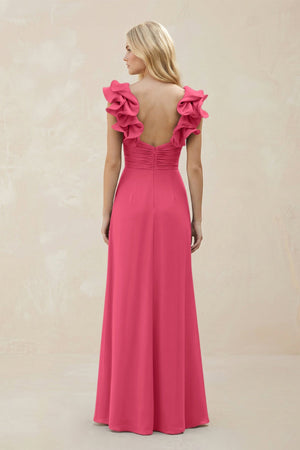 Ruffled Sleeves A - Line Chiffon Sweetheart Bridesmaid Dress in Fuchsia - KissProm Bridesmaid Dresses
