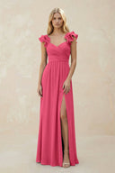 Ruffled Sleeves A - Line Chiffon Sweetheart Bridesmaid Dress in Fuchsia - KissProm Bridesmaid Dresses