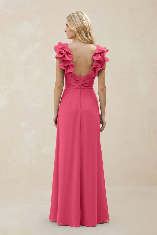Ruffled Sleeves A - Line Chiffon Sweetheart Bridesmaid Dress in Fuchsia - KissProm Bridesmaid Dresses
