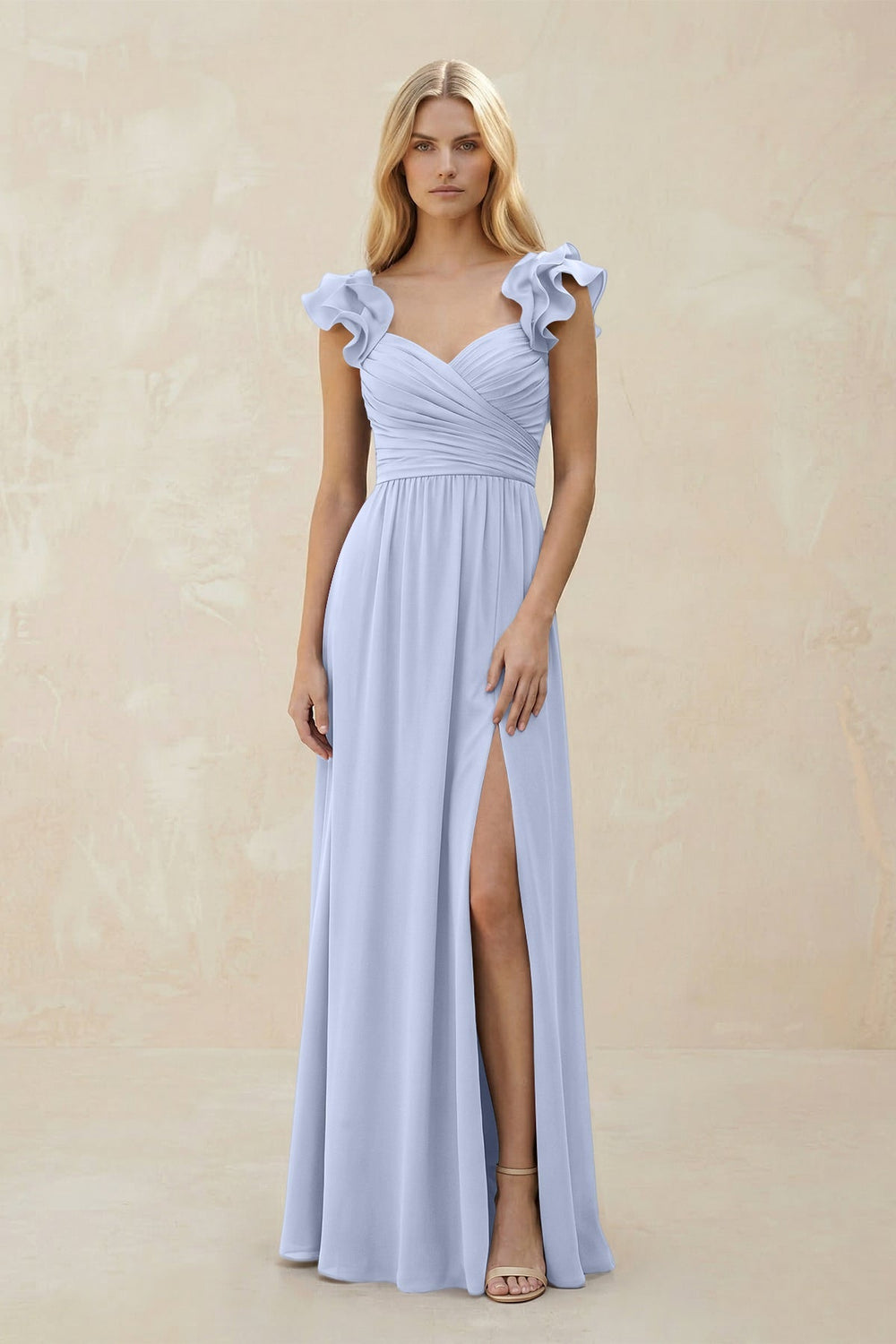 Ruffled Sleeves A - Line Chiffon Sweetheart Bridesmaid Dress in Ice - KissProm Bridesmaid Dresses