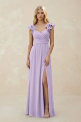Ruffled Sleeves A - Line Chiffon Sweetheart Bridesmaid Dress in Lavender - KissProm Bridesmaid Dresses