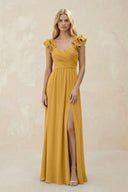Ruffled Sleeves A - Line Chiffon Sweetheart Bridesmaid Dress in Marigold - KissProm Bridesmaid Dresses
