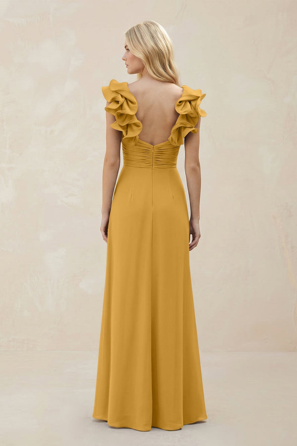 Ruffled Sleeves A - Line Chiffon Sweetheart Bridesmaid Dress in Marigold - KissProm Bridesmaid Dresses