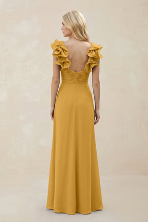 Ruffled Sleeves A - Line Chiffon Sweetheart Bridesmaid Dress in Marigold - KissProm Bridesmaid Dresses