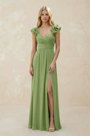 Ruffled Sleeves A - Line Chiffon Sweetheart Bridesmaid Dress in Matcha - KissProm Bridesmaid Dresses