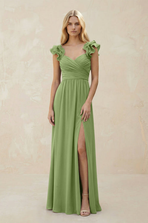 Ruffled Sleeves A - Line Chiffon Sweetheart Bridesmaid Dress in Matcha - KissProm Bridesmaid Dresses