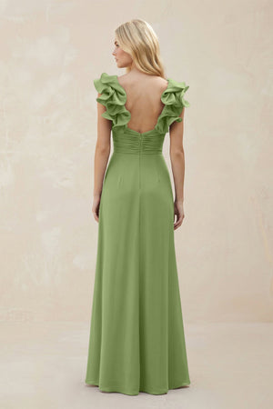 Ruffled Sleeves A - Line Chiffon Sweetheart Bridesmaid Dress in Matcha - KissProm Bridesmaid Dresses