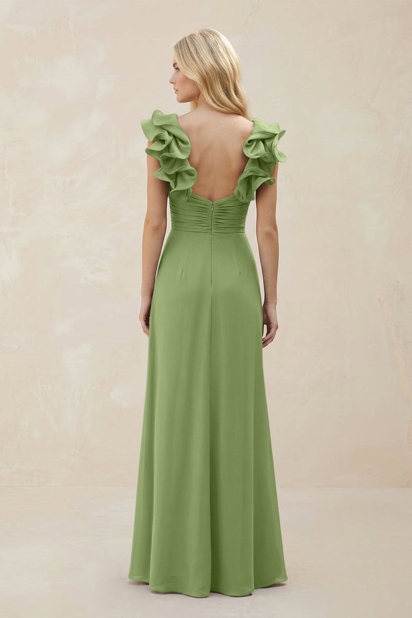 Ruffled Sleeves A - Line Chiffon Sweetheart Bridesmaid Dress in Matcha - KissProm Bridesmaid Dresses