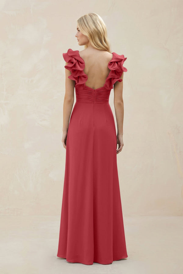 Ruffled Sleeves A - Line Chiffon Sweetheart Bridesmaid Dress in Merlot - KissProm Bridesmaid Dresses