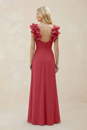 Ruffled Sleeves A - Line Chiffon Sweetheart Bridesmaid Dress in Merlot - KissProm Bridesmaid Dresses