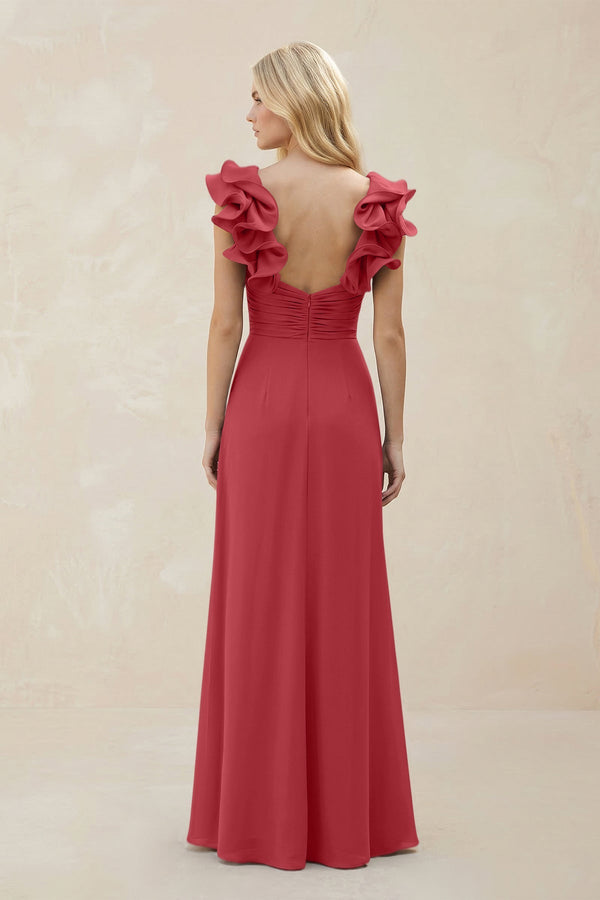 Ruffled Sleeves A - Line Chiffon Sweetheart Bridesmaid Dress in Merlot - KissProm Bridesmaid Dresses
