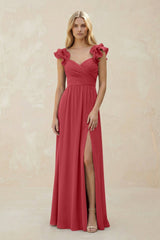 Ruffled Sleeves A - Line Chiffon Sweetheart Bridesmaid Dress in Merlot - KissProm Bridesmaid Dresses