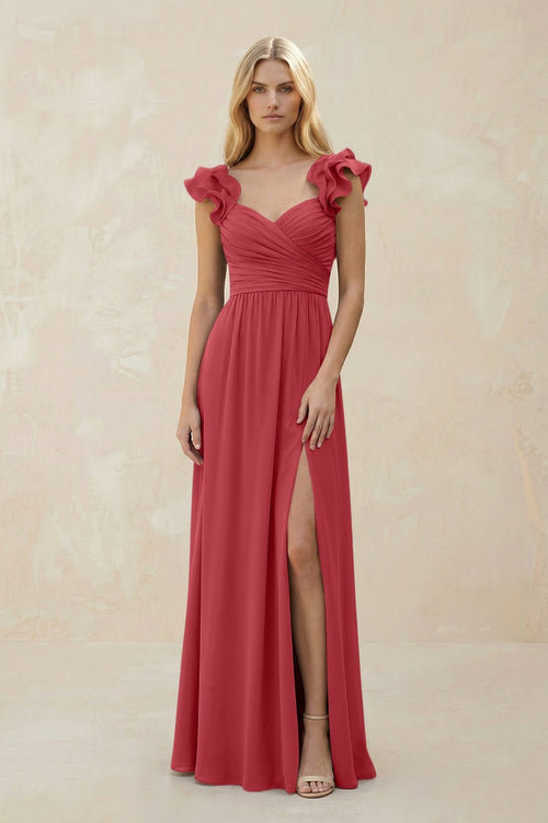 Ruffled Sleeves A - Line Chiffon Sweetheart Bridesmaid Dress in Merlot - KissProm Bridesmaid Dresses