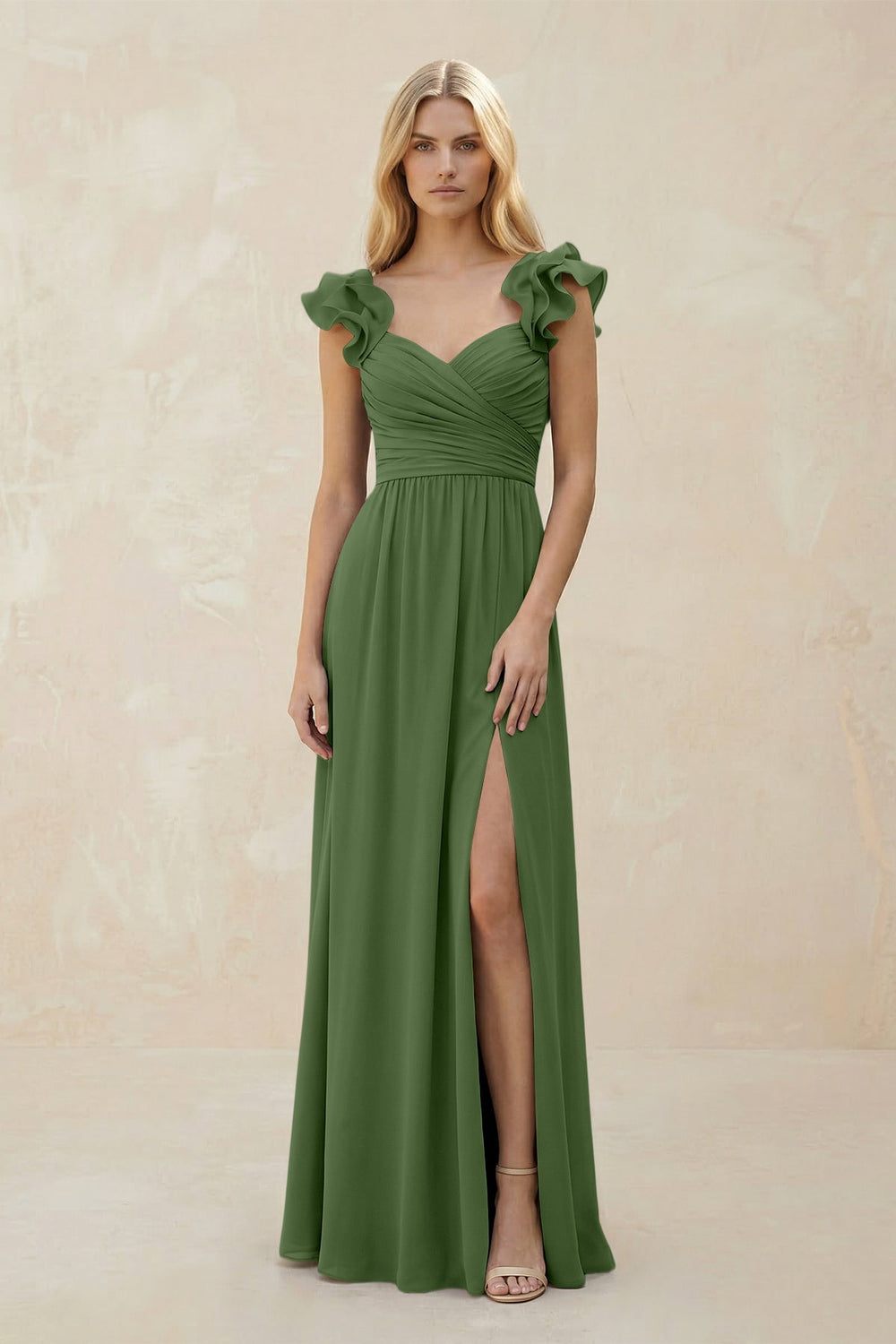 Ruffled Sleeves A - Line Chiffon Sweetheart Bridesmaid Dress in Moss - KissProm Bridesmaid Dresses
