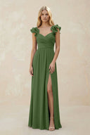 Ruffled Sleeves A - Line Chiffon Sweetheart Bridesmaid Dress in Moss - KissProm Bridesmaid Dresses