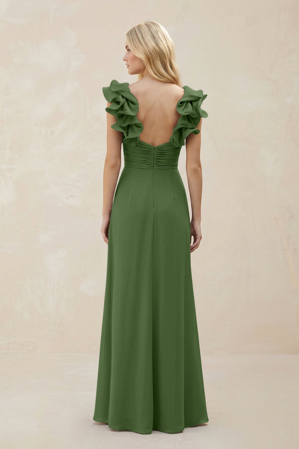 Ruffled Sleeves A - Line Chiffon Sweetheart Bridesmaid Dress in Moss - KissProm Bridesmaid Dresses