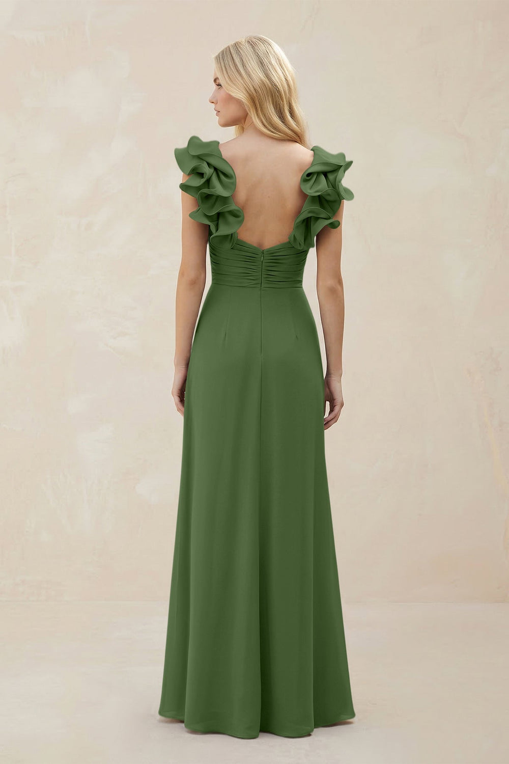 Ruffled Sleeves A - Line Chiffon Sweetheart Bridesmaid Dress in Moss - KissProm Bridesmaid Dresses